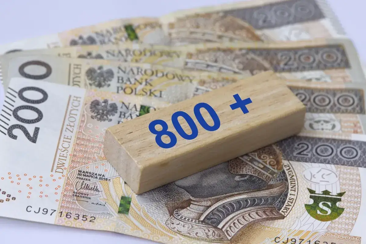 Drewniany klocek z napisem "800+" leży na polskich banknotach 200 zł.