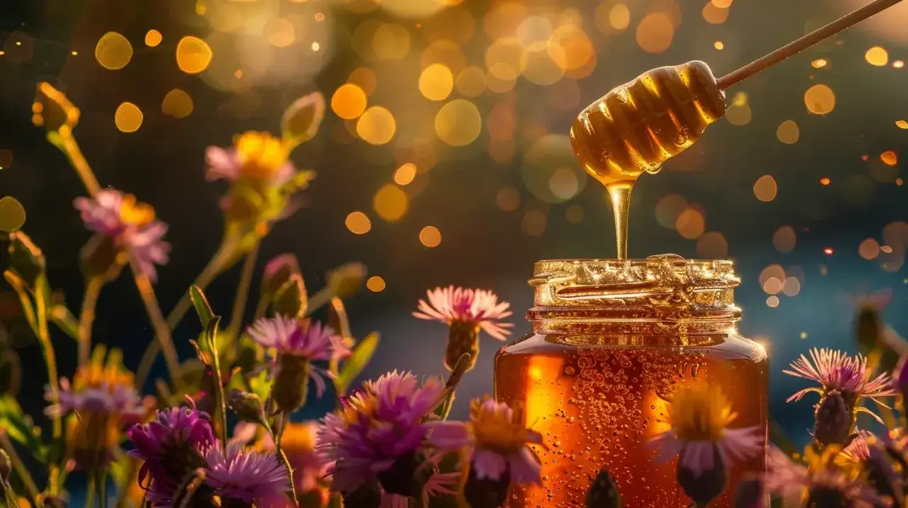 Złocisty miód na kaszel spływa z drewnianej chochli do słoika, otoczony polnymi kwiatami i ciepłym blaskiem.