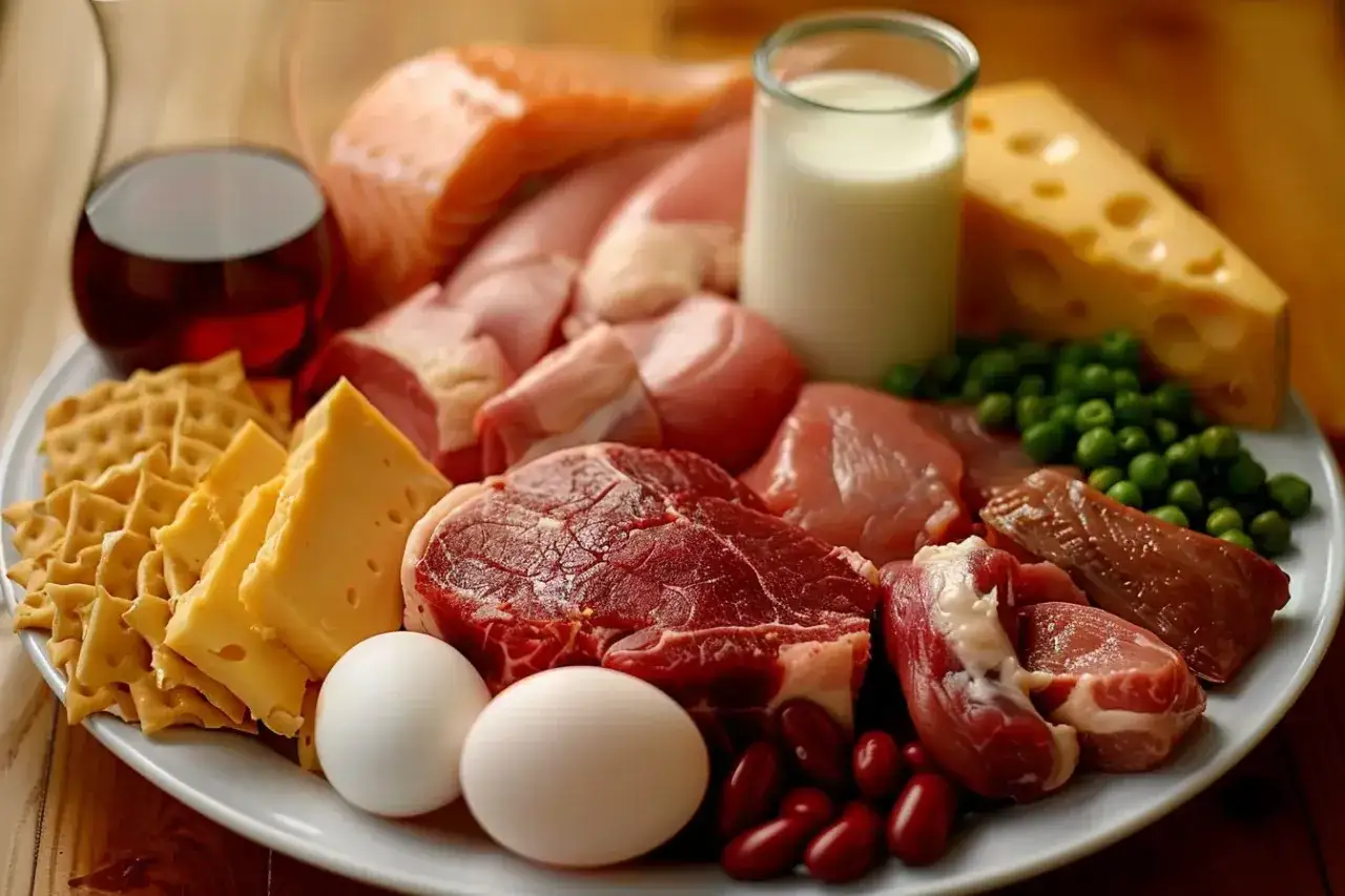Talerz pełen mięsa, ryby, jajek, sera i mleka. To bogactwo składników, które pomogą Ci szybko uzupełnić niedobór witaminy B12.