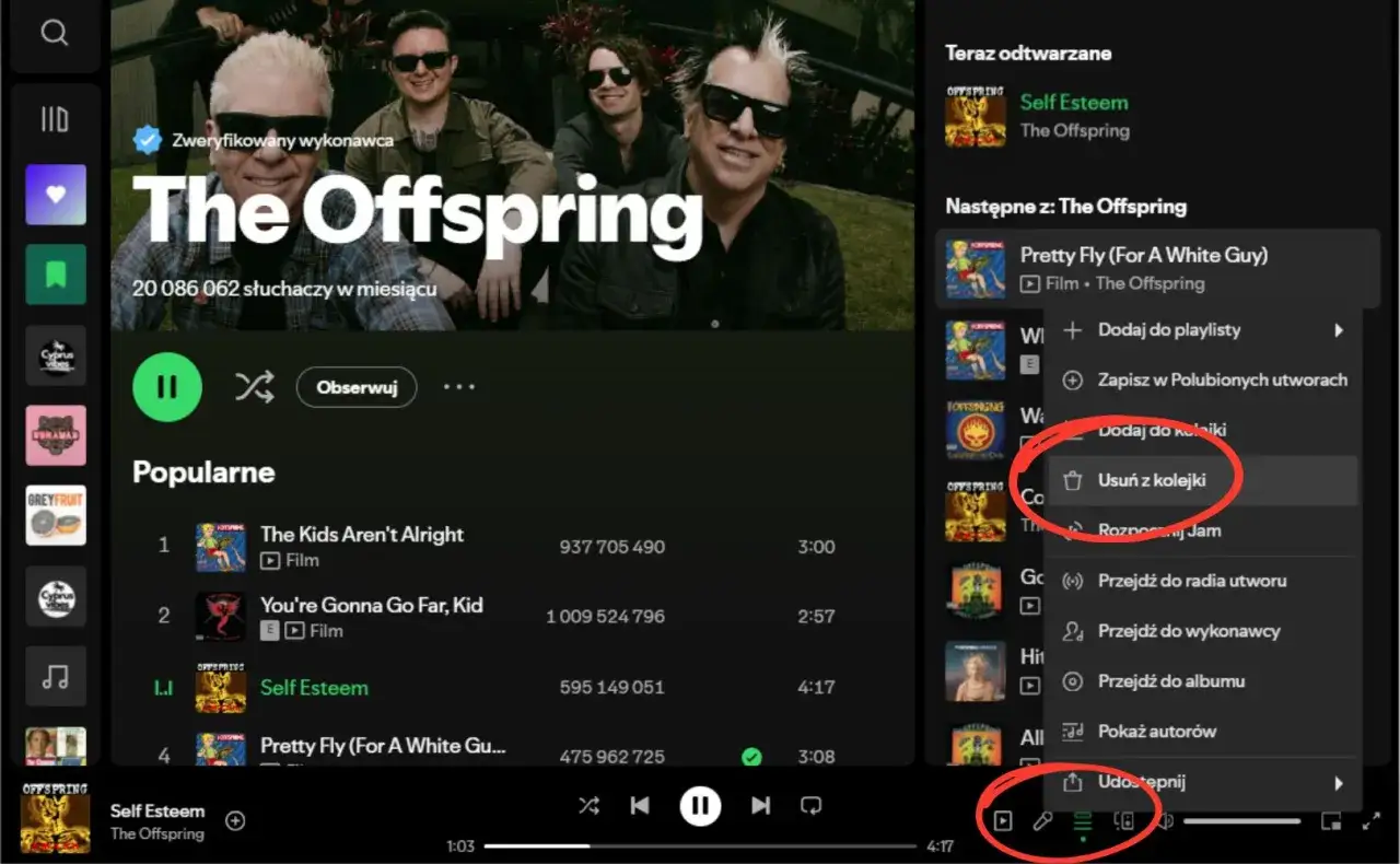 Ekran Spotify z zaznaczonymi opcjami "Usuń z kolejki" i "Udostępnij".