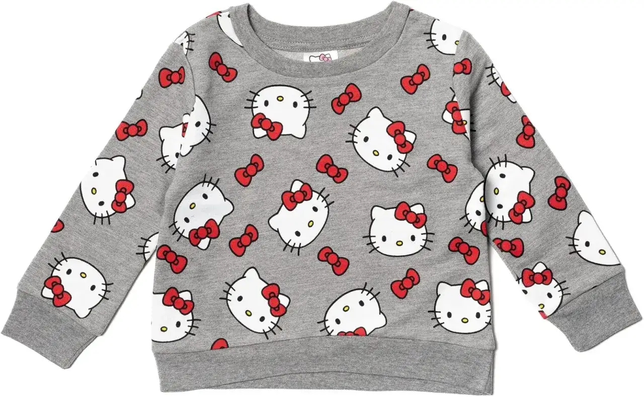 Szara bluza z dziewczęcym nadrukiem Hello Kitty i czerwonymi kokardkami.