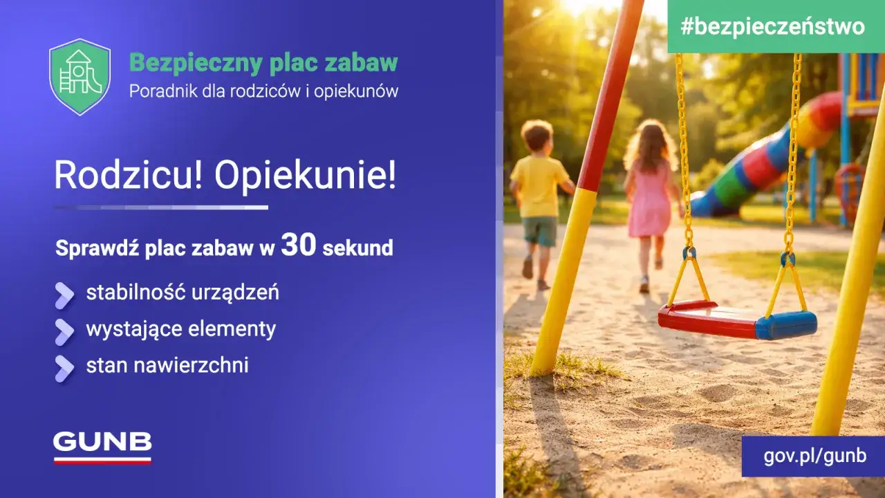 Od kiedy otwarte place zabaw dla dzieci, warto sprawdzić ich bezpieczeństwo. Dzieci biegną w stronę huśtawki i zjeżdżalni. #bezpieczeństwo