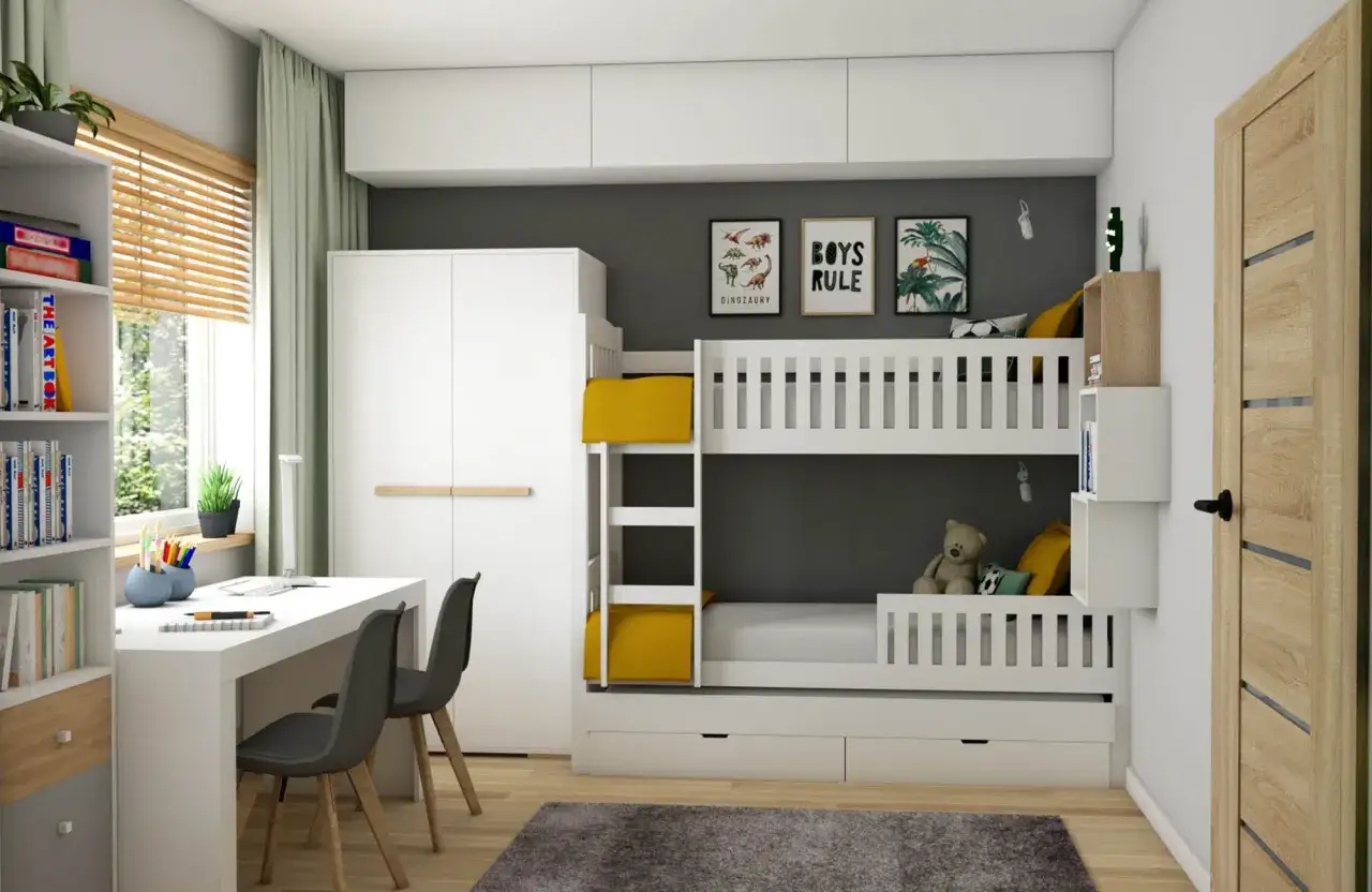 Uroczy, bardzo mały pokój dla chłopca z łóżkiem piętrowym, biurkiem i szafą.