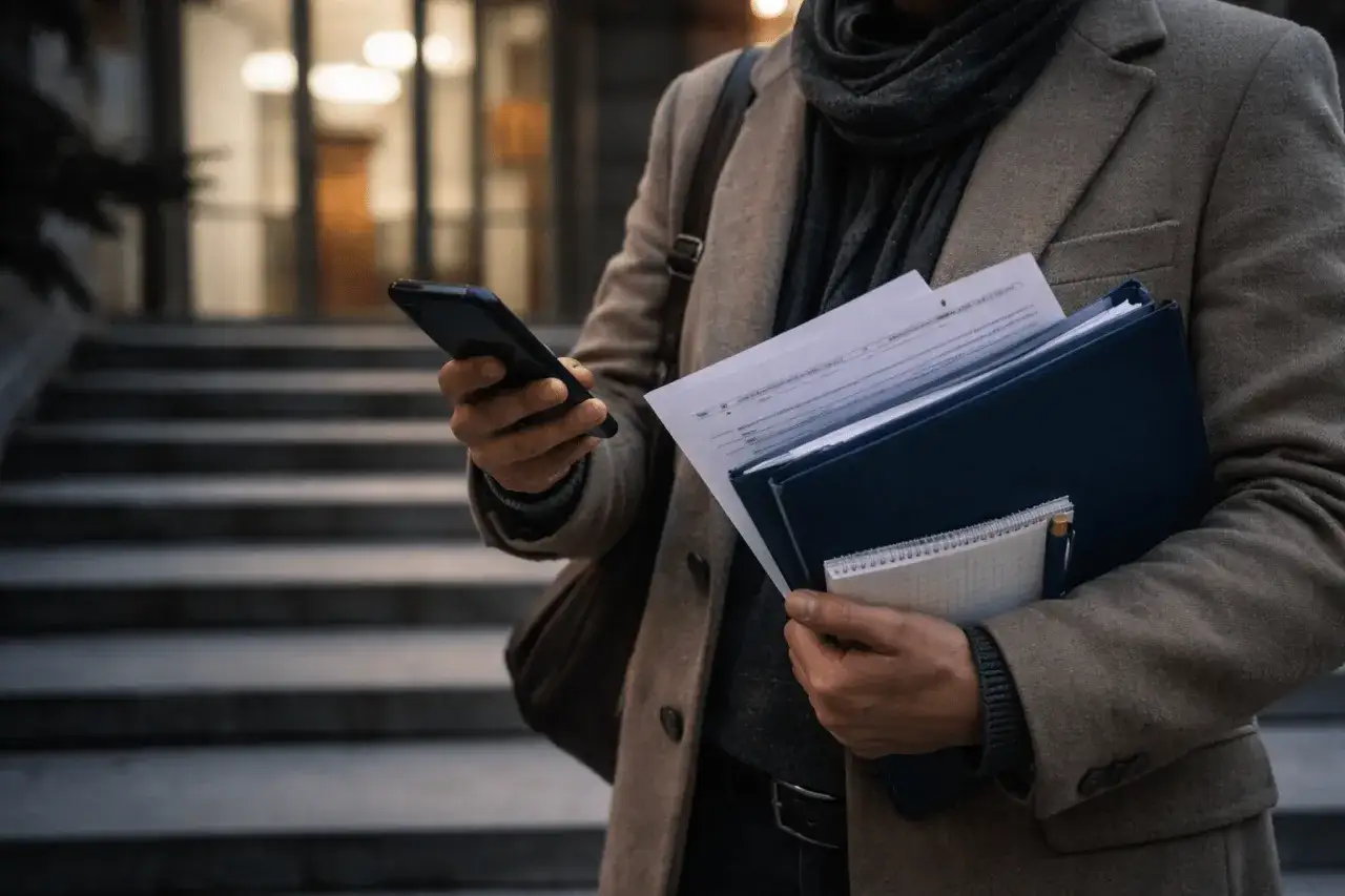 Mężczyzna sprawdza na telefonie, ile czasu na apelację od wyroku. Trzyma dokumenty i notatnik.