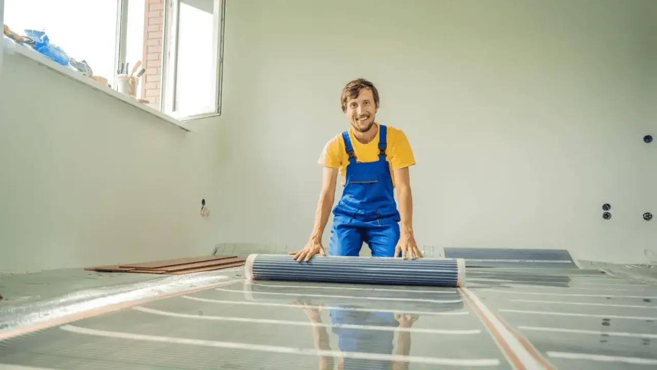 Uśmiechnięty pracownik w niebieskim ogrodniczkach rozkłada folię grzewczą na podłodze.