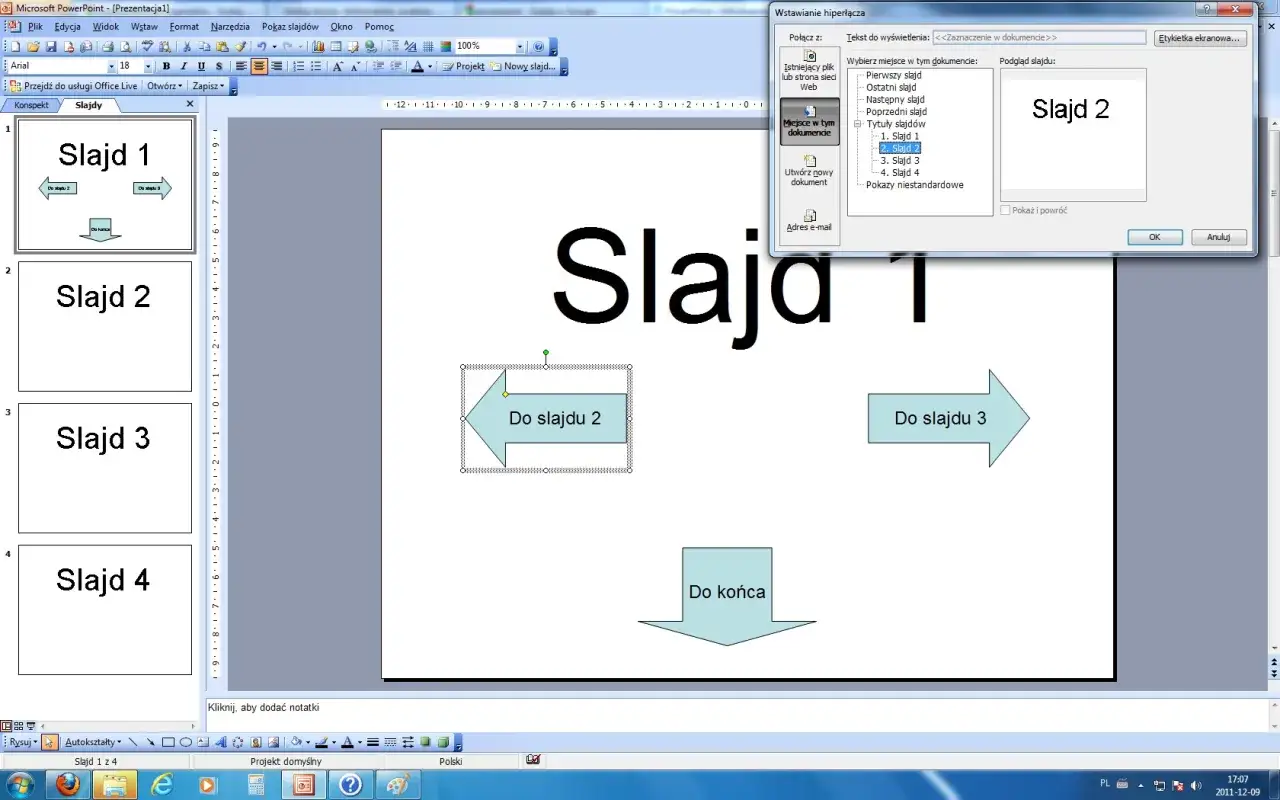 Okno dialogowe "Wstawianie hiperłącza" pokazuje, jak dodać hiperłącze w PowerPoint, łącząc tekst z konkretnym slajdem.