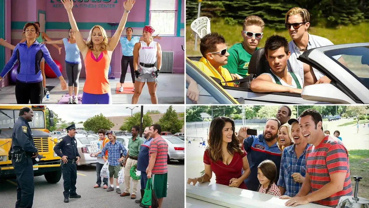 Grupa przyjaciół, którzy zachowują się jak **duże dzieci 3**, na siłowni, w samochodzie, przed autobusem i na pikniku.