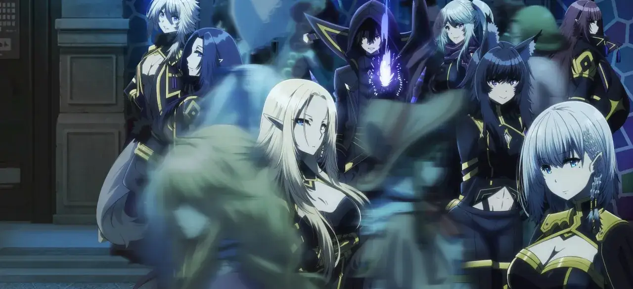 Grupa postaci z anime, w tym elfka z blond włosami i mężczyzna w kapturze z magicznym płomieniem, tworzą mroczny, weebowski klimat.