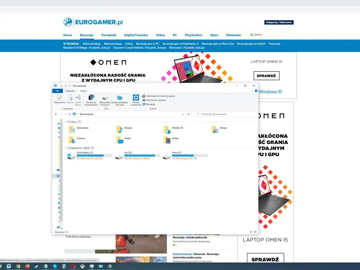 Zrzut ekranu Windows 10 z otwartym folderem "Ten komputer" i stroną Eurogamer.pl promującą laptopy OMEN.