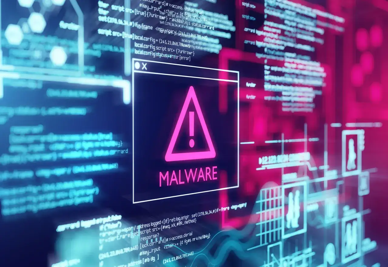 Okno z ostrzeżeniem o zagrożeniu MALWARE. W tle widać kod i schematy, sugerujące jak usunąć malware.