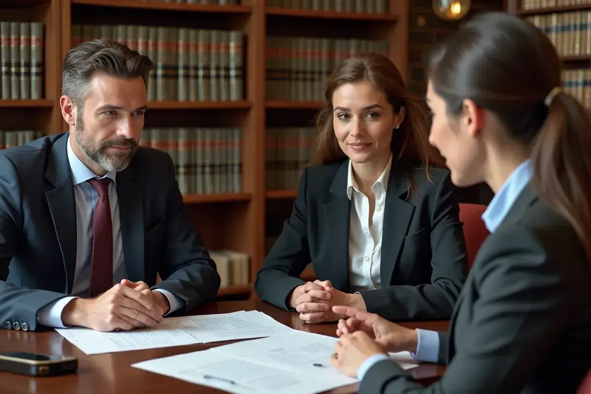 Trzy osoby w garniturach przy stole z dokumentami, w tle regały z książkami.