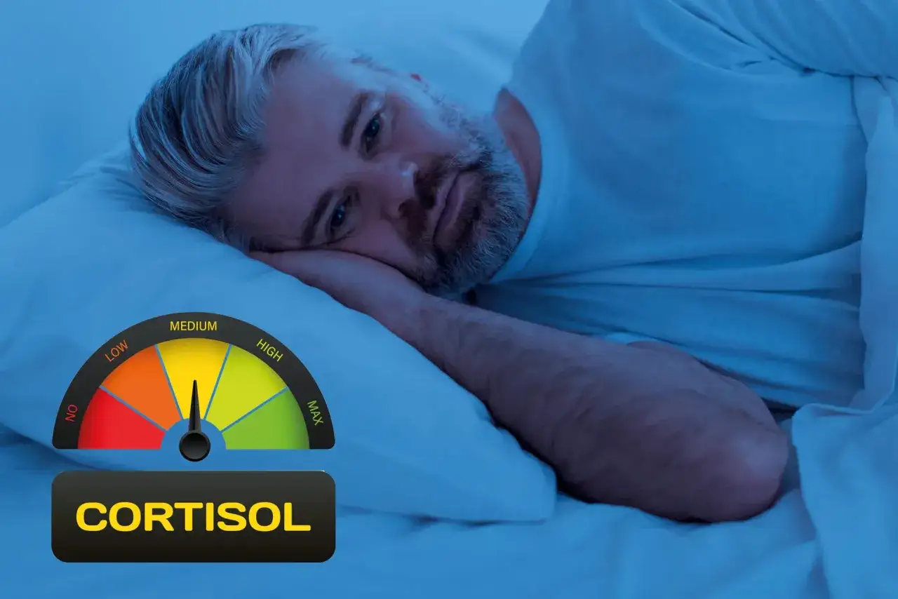 Mężczyzna leży w łóżku, zmagając się z wysokim poziomem kortyzolu. Wskaźnik pokazuje, że potrzebne są leki na obniżenie kortyzolu.