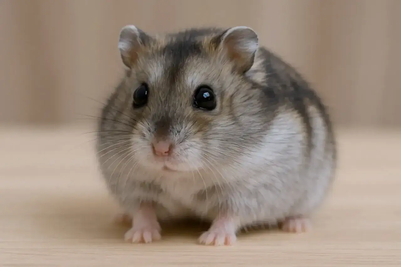 Uroczy chomik dżungarski, jak wygląda, z czarnymi oczkami i puszystym futerkiem, siedzi na drewnianym tle.
