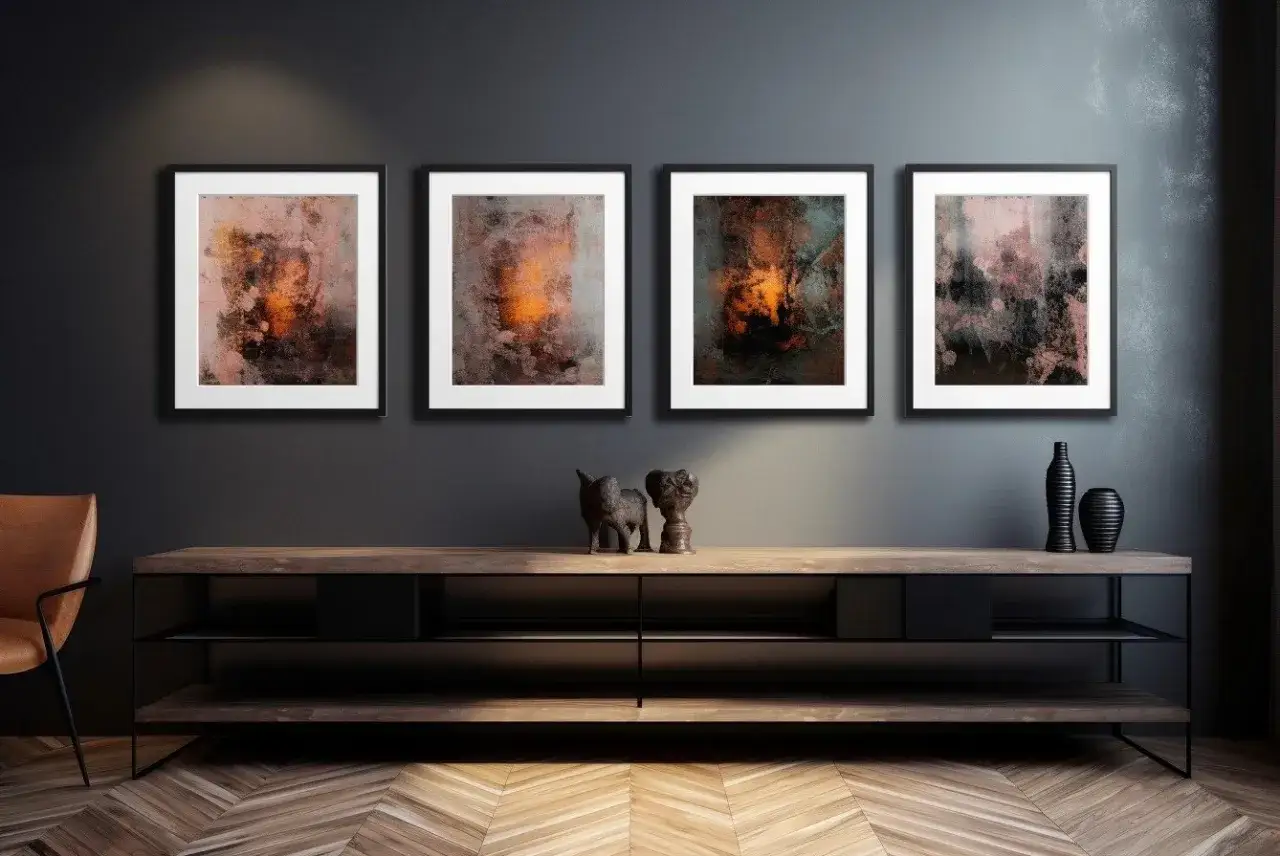 Cztery obrazy w prostych, czarnych ramach, prezentujące abstrakcyjne wzory w odcieniach rdzy i ognia. Różne rodzaje ram podkreślają charakter dzieł.