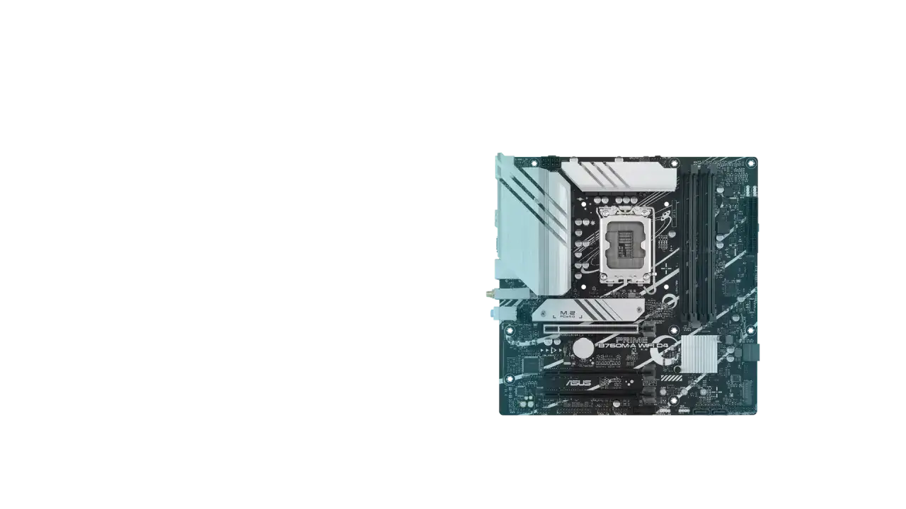 Płyta główna ASUS PRIME B760M-A WIFI D4 z gniazdem procesora, slotami RAM i radiatorem.