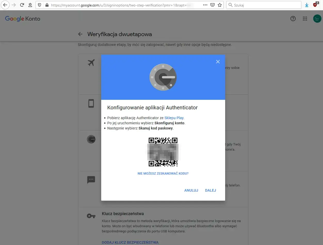 Konfiguracja aplikacji Authenticator do weryfikacji dwuetapowej. Skanuj kod QR, aby dodać konto i uzyskać kod 2FA.