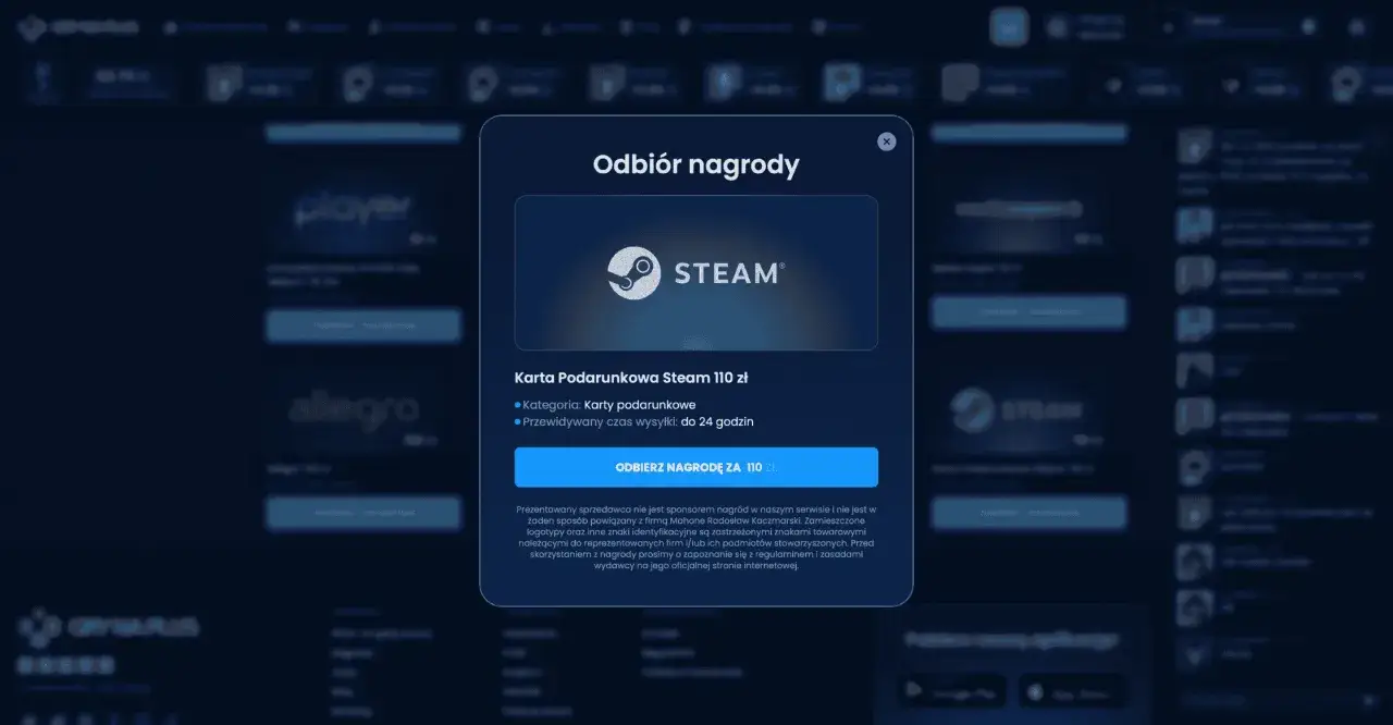Okno dialogowe z logo Steam i informacją o karcie podarunkowej na 110 zł.
