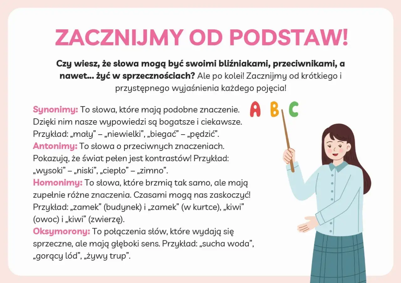 Oksymoron co to? To połączenie sprzecznych słów, np. „sucha woda” czy „gorący lód”. Obrazek wyjaśnia pojęcia językowe.
