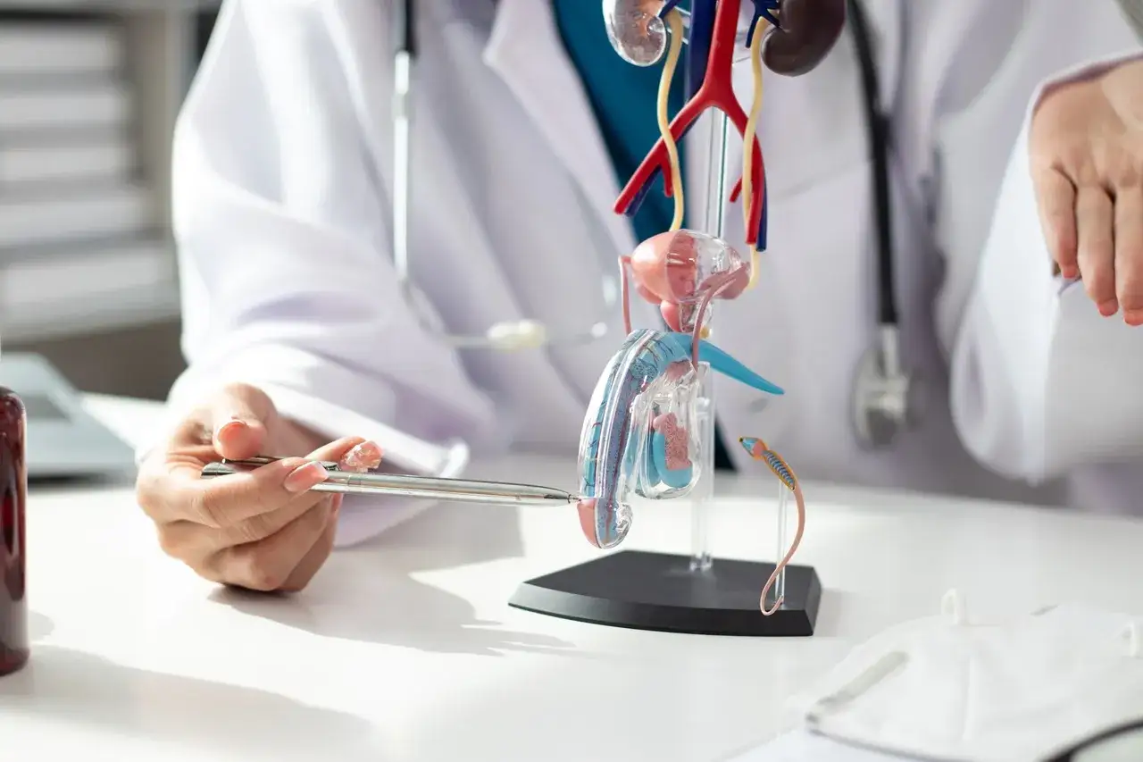 Lekarz w białym kitlu wskazuje na model układu moczowo-płciowego męskiego.