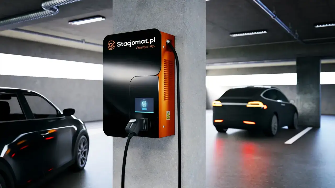Nowoczesna ładowarka Stacjomat.pl w garażu podziemnym. Samochód elektryczny czeka na podłączenie, zgodnie z przepisami.