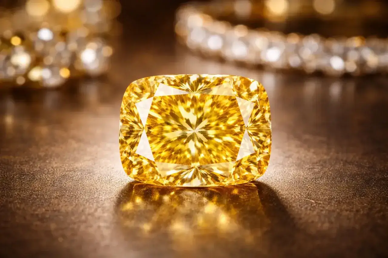 Olśniewający żółty diament, symbol luksusu. Gdzie można znaleźć diamenty? W skarbcach, u jubilera, a czasem w naturze.