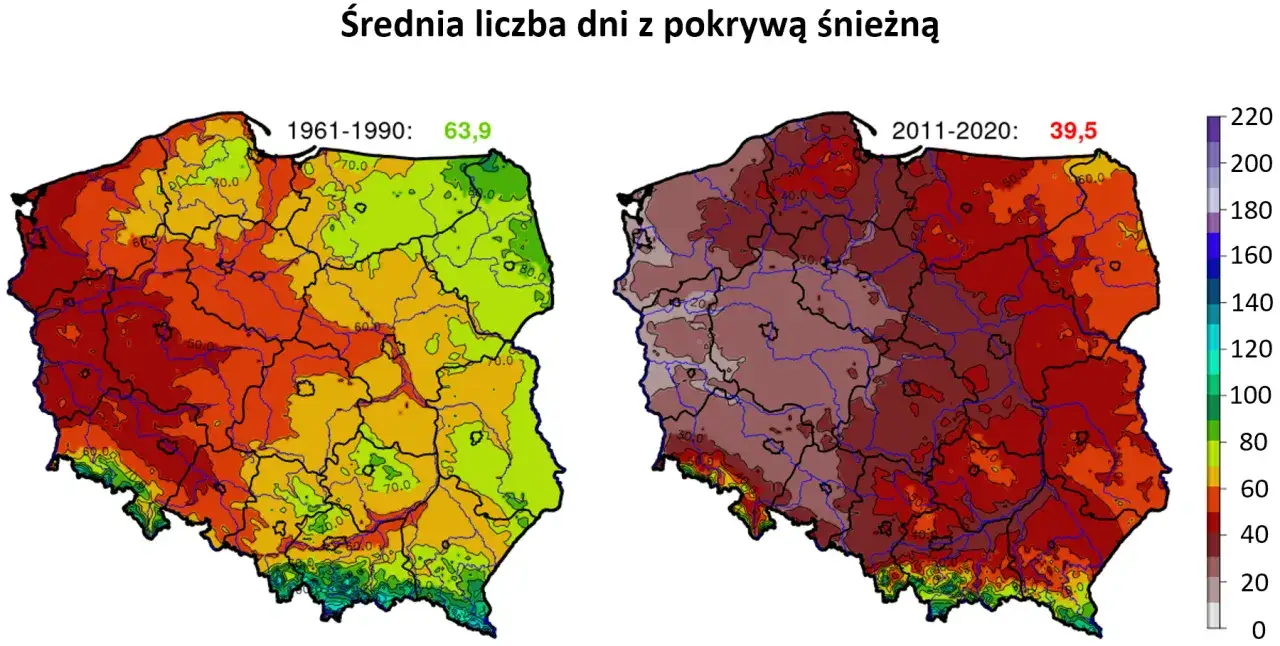 Dwie mapy Polski pokazujące średnią liczbę dni z pokrywą śnieżną w latach 1961-1990 i 2011-2020.