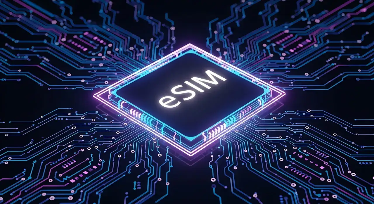 Elektroniczna karta SIM (eSIM) w centrum cyfrowego obwodu, symbolizująca przyszłość telefonów.