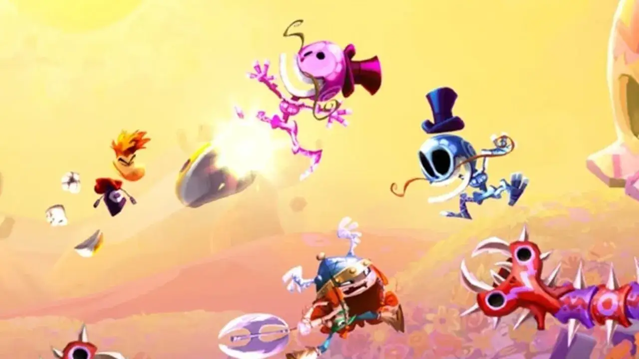 Kolorowa scena z gry Rayman, z postaciami w powietrzu i wrogami.