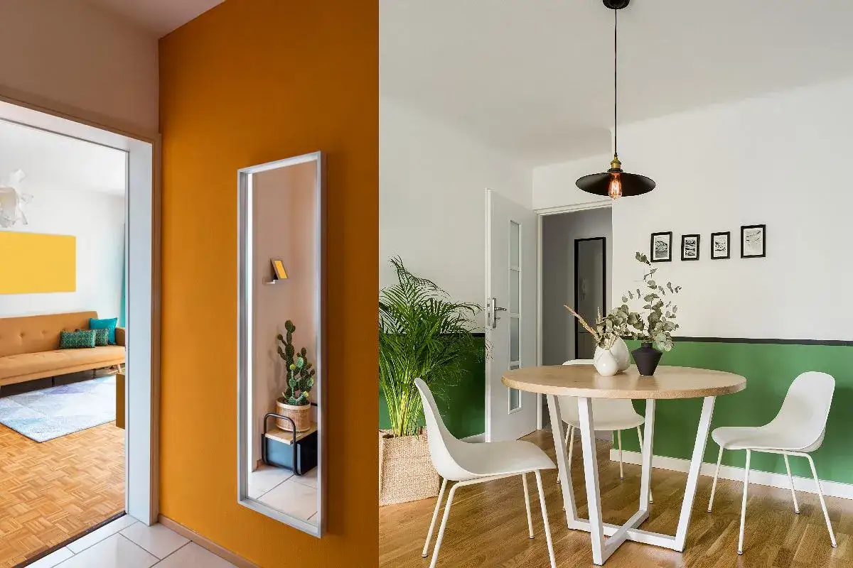 Pomysł na pomalowanie pokoju: pomarańczowy korytarz z lustrem i jadalnia z zieloną ścianą.