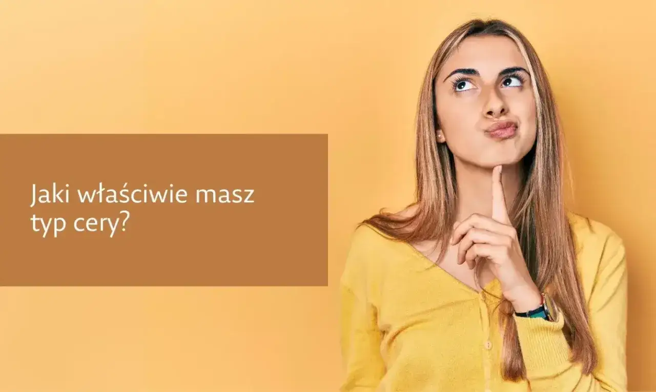 Młoda kobieta zamyślona, z palcem przy ustach, na tle z pytaniem o typ cery.