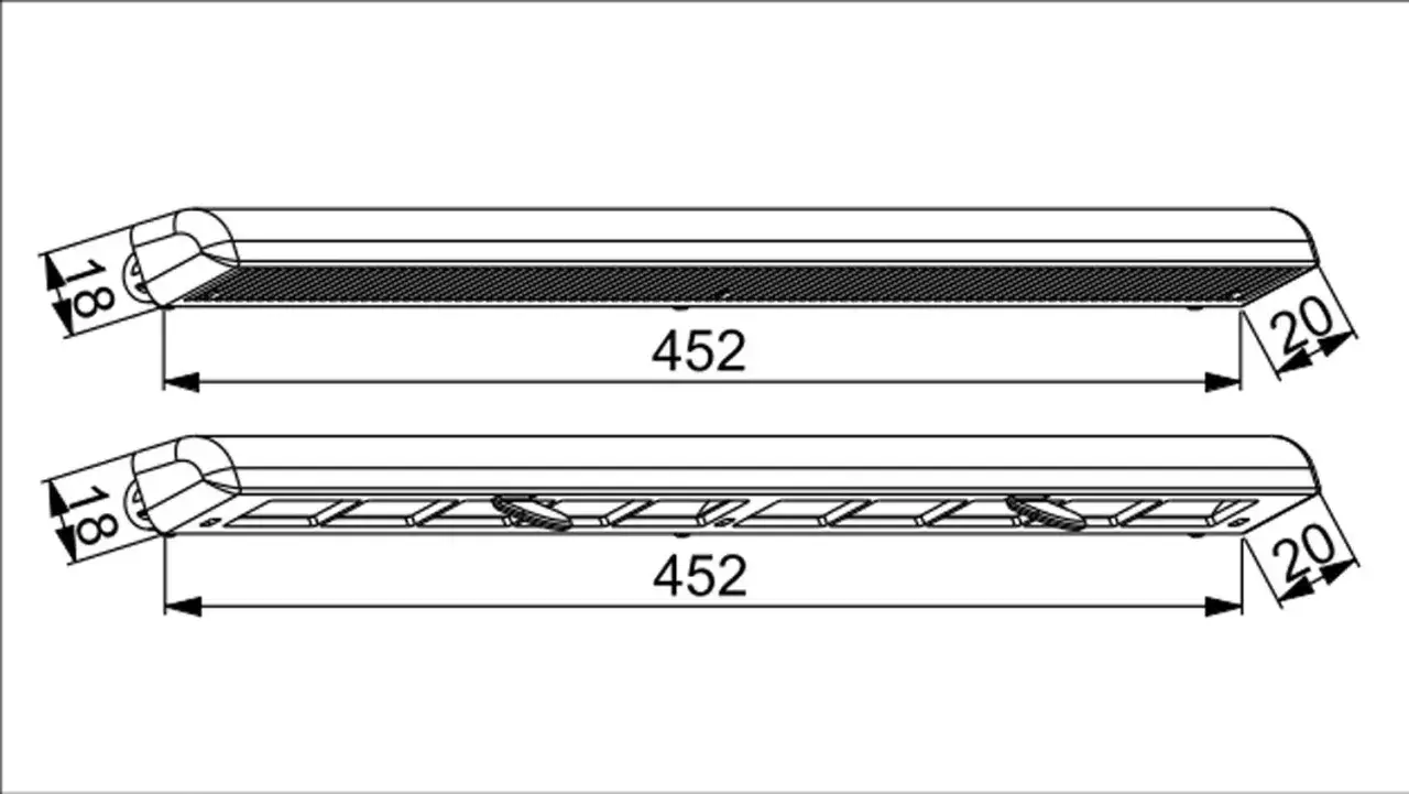 Dwa modele nawiewnika okiennego bez wiercenia, z wymiarami 452x18x20 mm. Jeden z kratką, drugi z regulowanymi klapami.