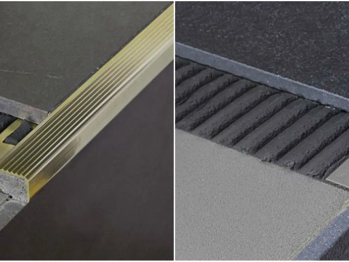 Zbliżenie na betonowe schody z okładziną i listwą wykończeniową.