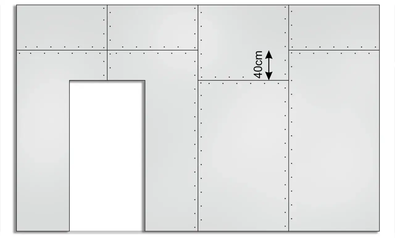 Ściana z płyt g-k z otworem drzwiowym i wymiarem 40cm.