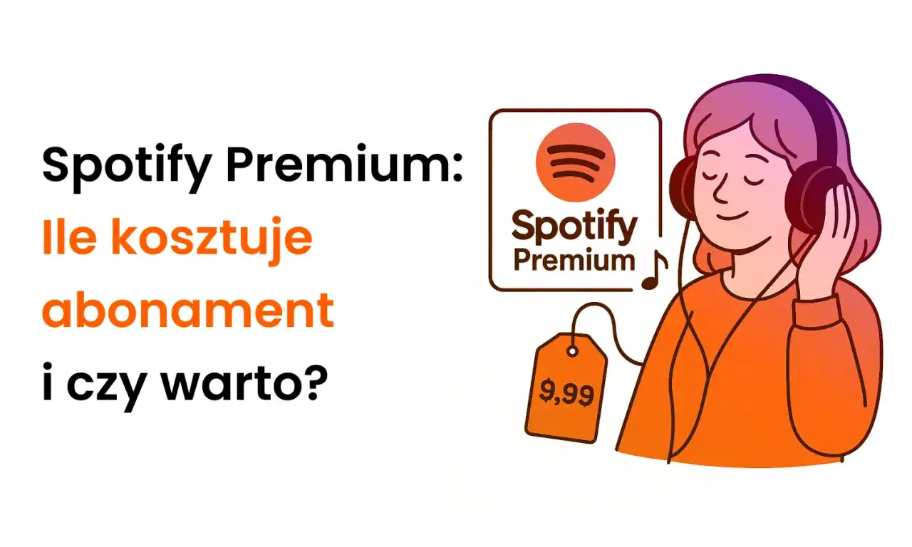 Ilustracja dziewczyny w słuchawkach, logo Spotify Premium i metka z ceną 9,99.