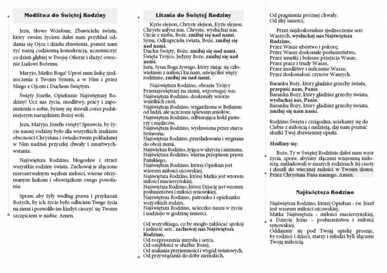 Litania do Świętej Rodziny: prośby o miłość, posłuszeństwo i opiekę dla rodzin.