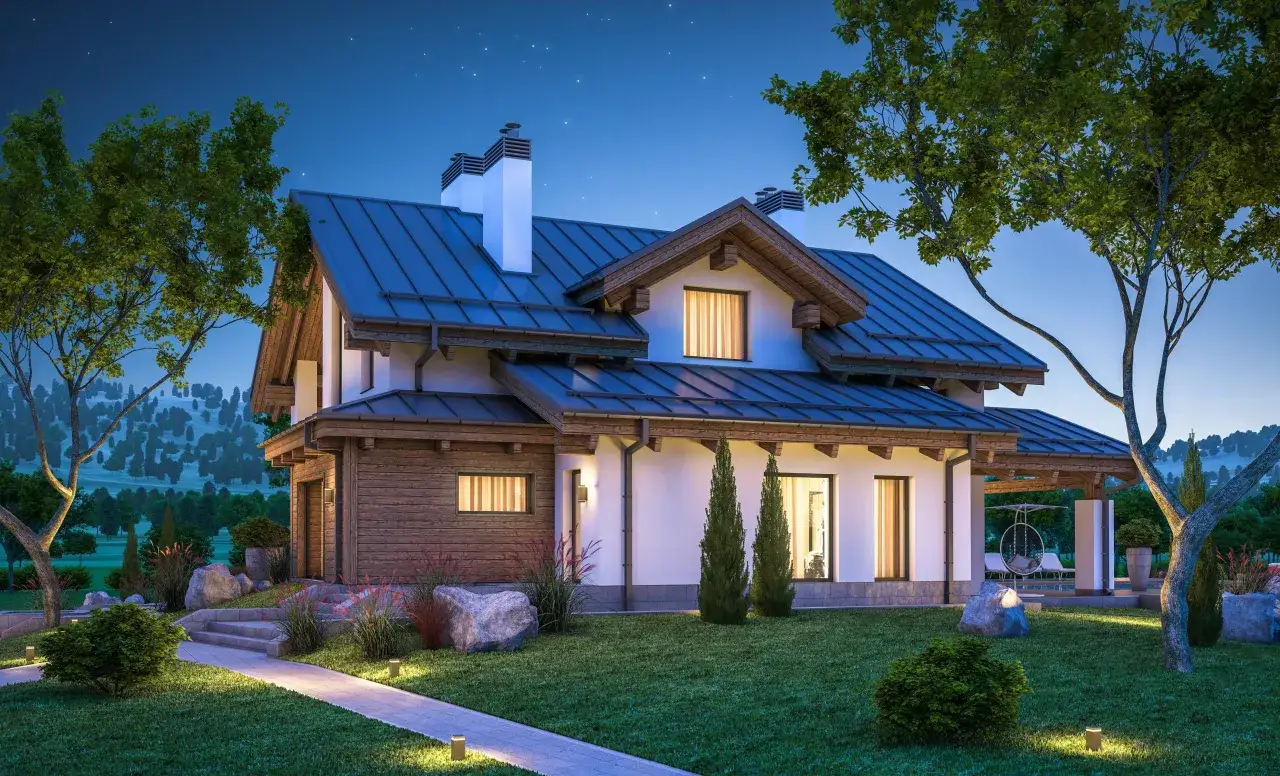 Piękny dom z drewna i białego tynku, oświetlony lampami ogrodowymi, pokazuje, jak oświetlić pomieszczenie bez prądu.