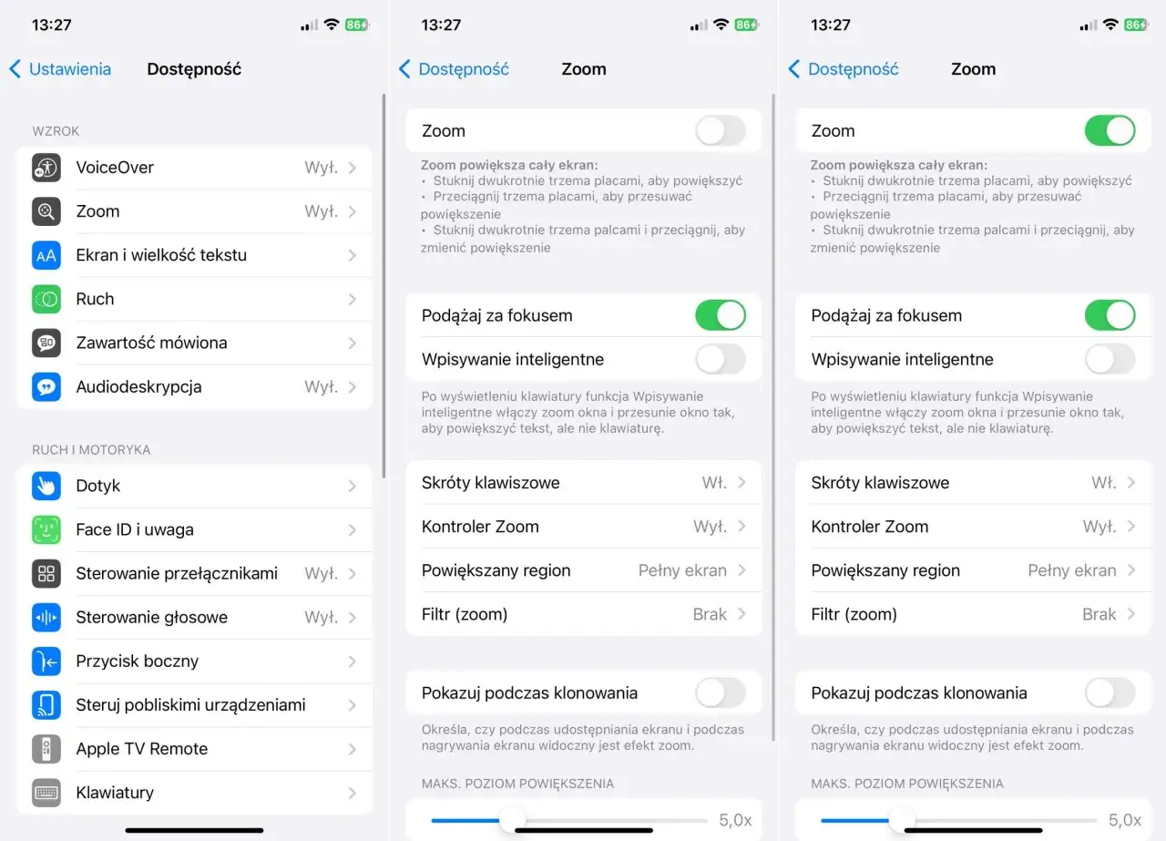 Ustawienia iPhone: Dostępność > Wzrok > Zoom. Tutaj możesz wyłączyć zoom, dostosować powiększenie i inne opcje.