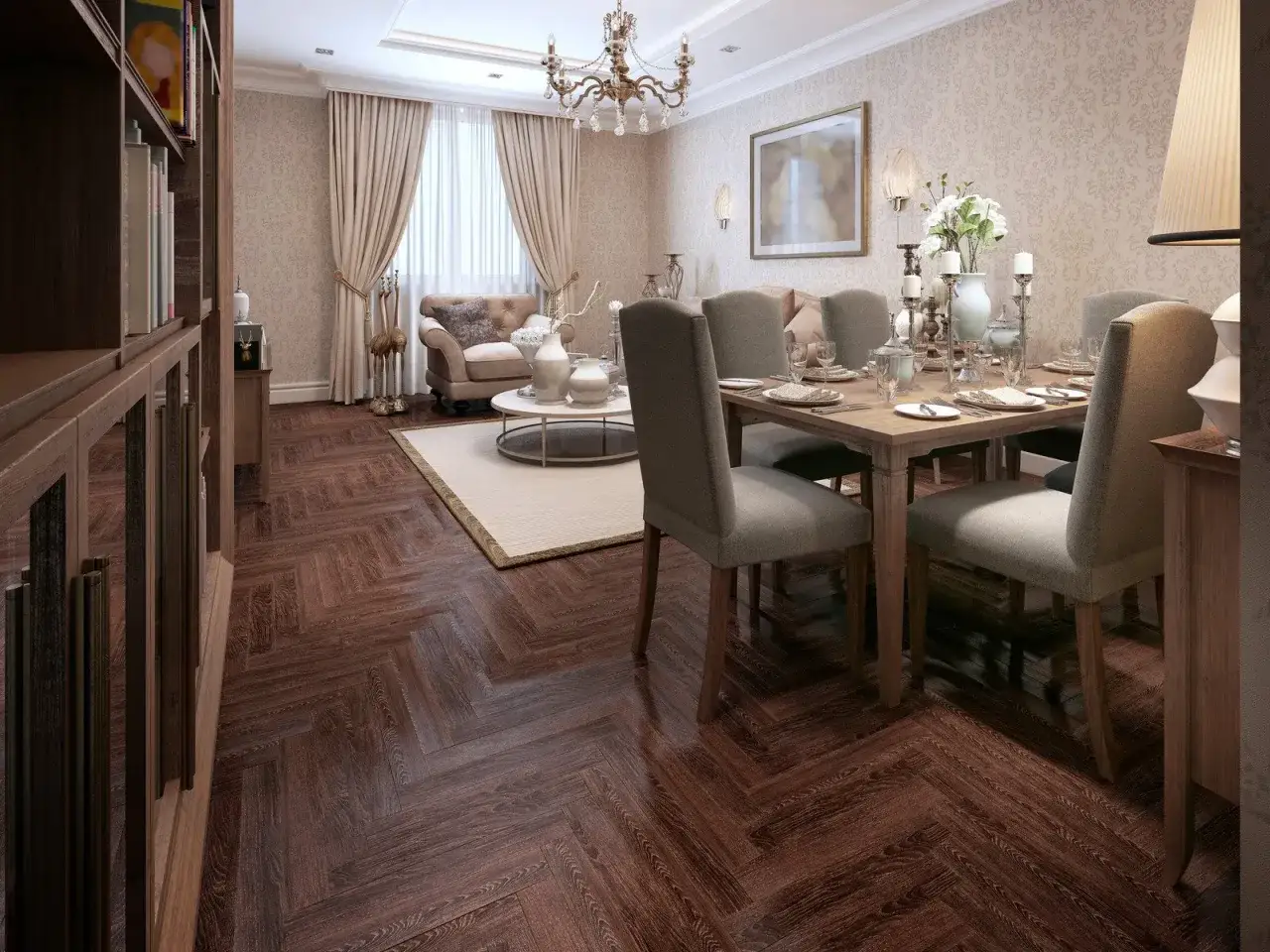 Eleganckie mieszkanie w stylu art deco z jadalnią i salonem. Drewniana podłoga w jodełkę, bogato zdobiony żyrandol i stylowe meble tworzą luksusową atmosferę.