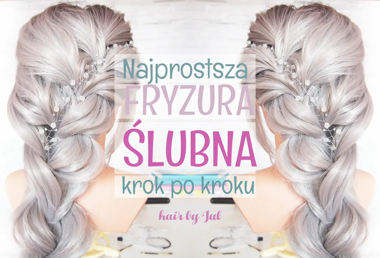 Najprostsza fryzura ślubna krok po kroku. Długie, srebrne włosy splecione w warkocz, ozdobione delikatną biżuterią.