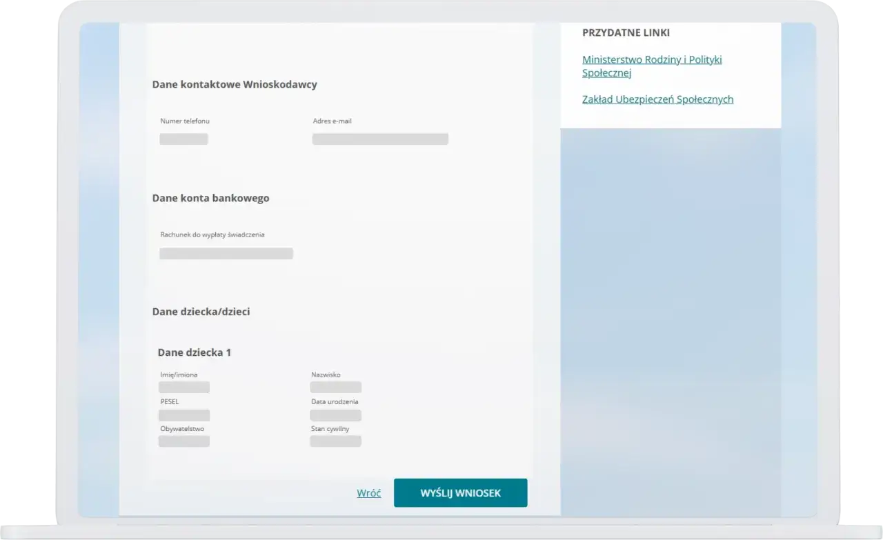 Formularz online do składania wniosku 800+ na laptopie.