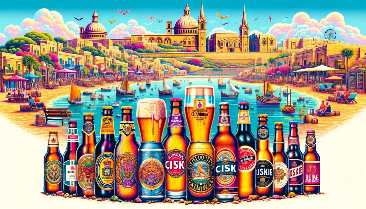Malta: piwo na plaży, a ile kosztuje alkohol na Malcie? Kolorowe butelki i puszki piwa na tle maltańskiego wybrzeża.