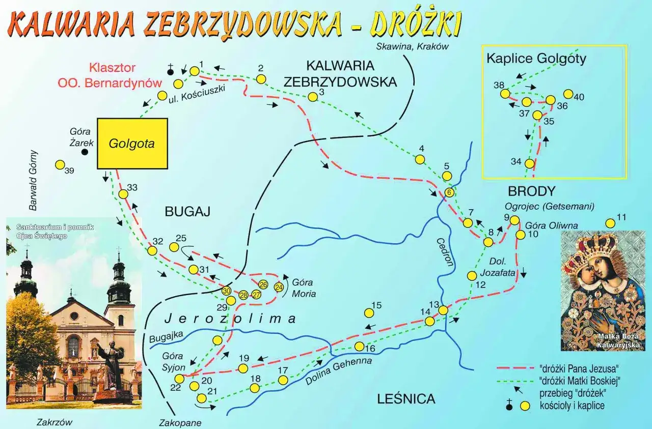 Mapa Kalwaria Zebrzydowska - dróżki. Pokazuje przebieg dróżek Pana Jezusa i Matki Boskiej, kościoły i kaplice.