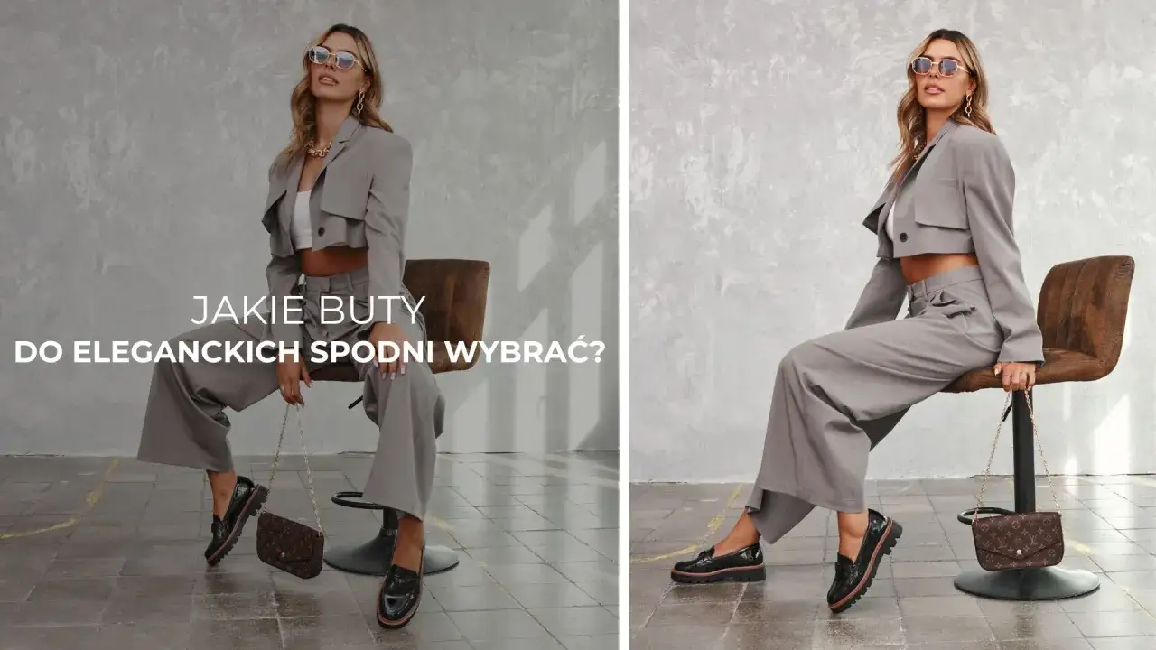 Eleganckie buty damskie do szerokich spodni. Stylowa kobieta w szarym garniturze i czarnych mokasynach.