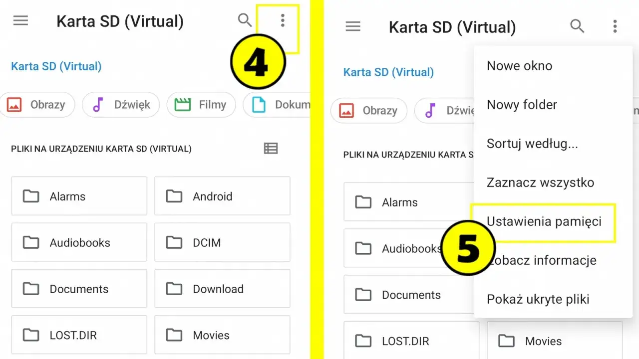 Ekran telefonu z menedżerem plików. Widoczne opcje: "Ustawienia pamięci" i "dlaczego nie mogę przenieść aplikacji na kartę sd".