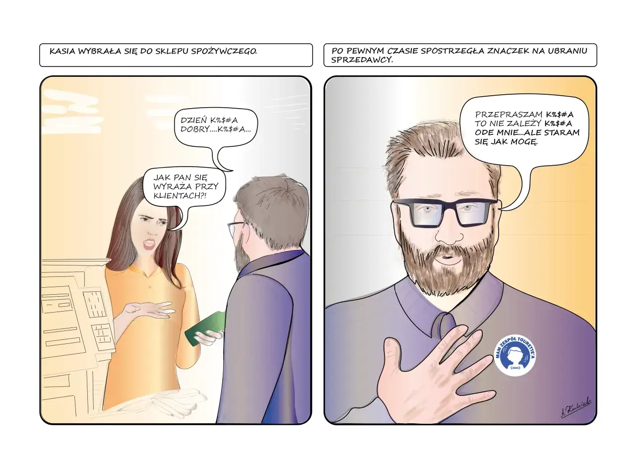 Kobieta w sklepie spożywczym z oburzeniem zwraca się do sprzedawcy, który ma na ubraniu znaczek "Mam zespół Tourette'a".