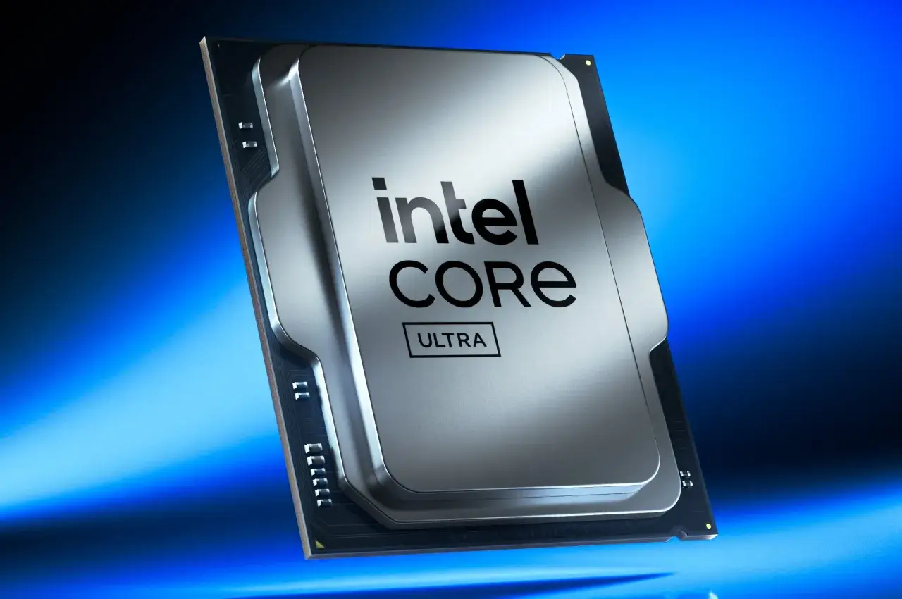 Procesor Intel Core Ultra, zapowiedź technologii Intel Arrow Lake, błyszczący metal, niebieskie tło.
