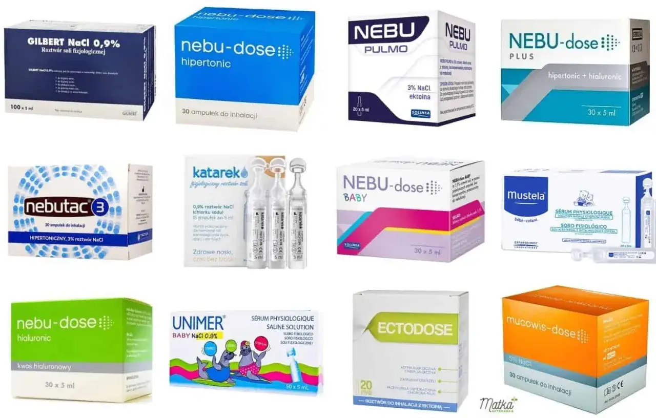 Różne opakowania soli do inhalacji: Nebu-dose, Nebutac, Katarek, Ectodose, Mucowis-dose, Mustela, Unimer.