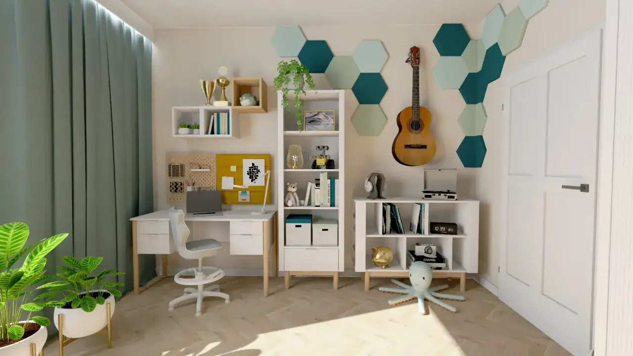Pokój 9 latka: biurko, regały, gitara i pluszowa ośmiornica tworzą przytulną przestrzeń do nauki i zabawy.