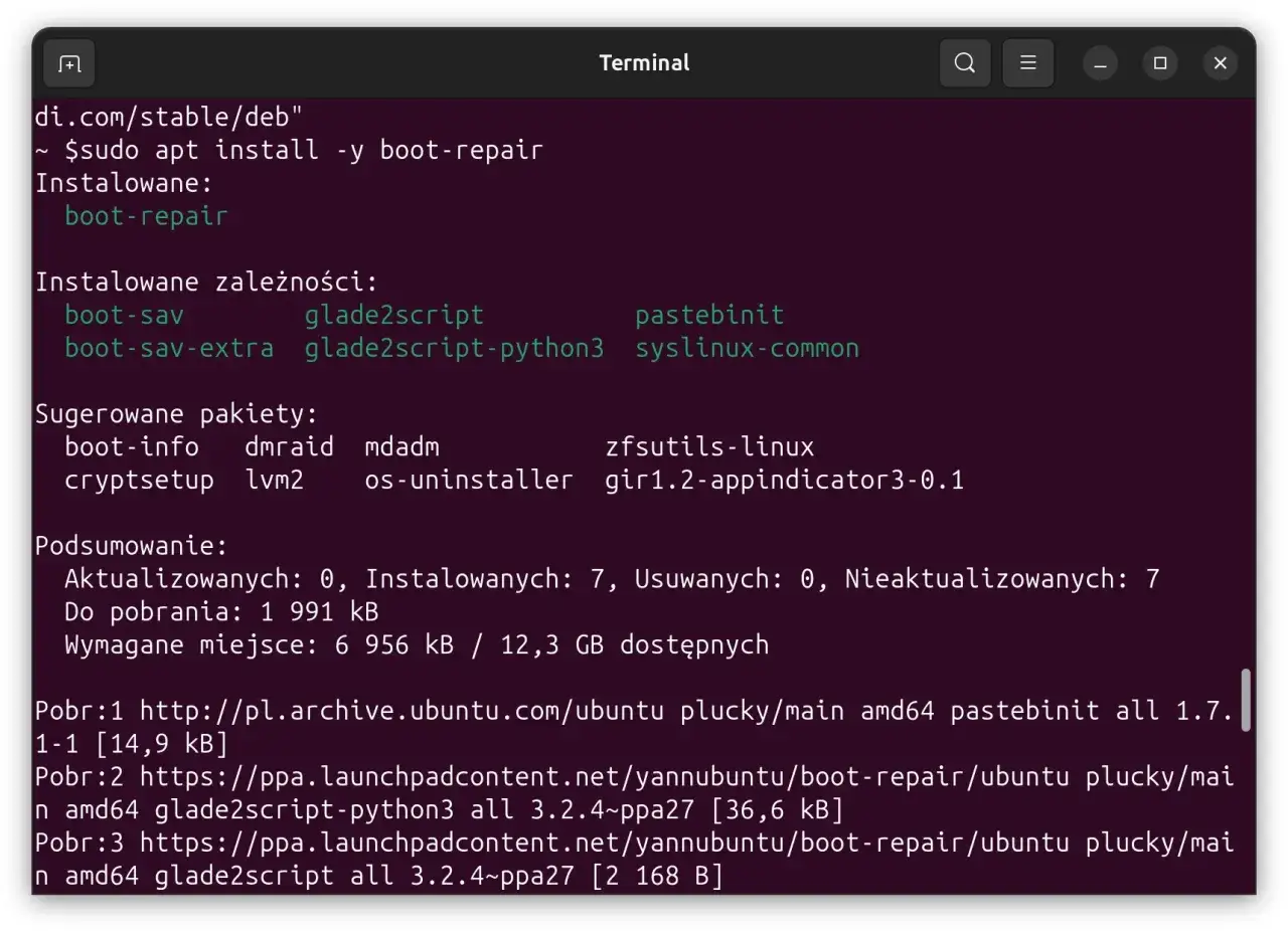 Terminal z instalacją pakietu boot-repair, który może pomóc w naprawie GRUB-a po instalacji Windows.