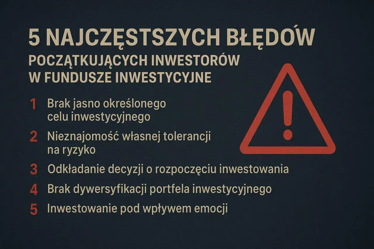5 najczęstszych błędów początkujących inwestorów w fundusze inwestycyjne, z ikoną ostrzegawczą.